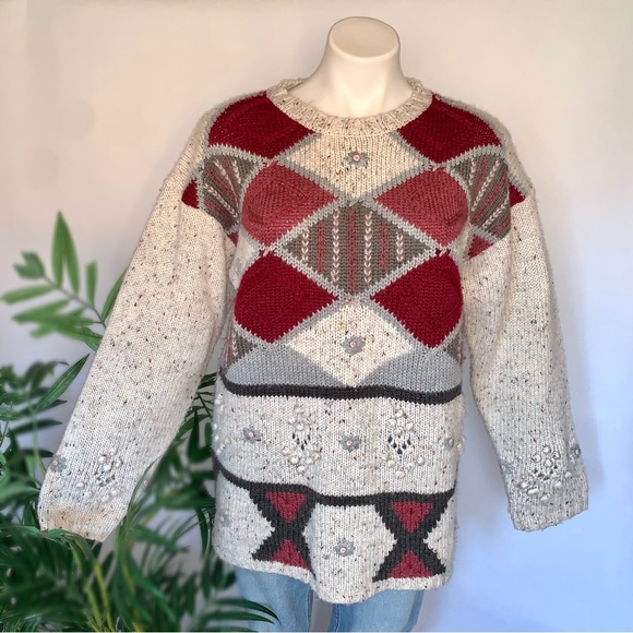 v i n t a g e :: Long Plaid Floral Embroidered Granny Knit Sweater - Picture 10 of 11